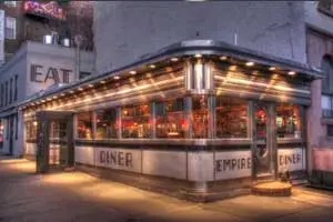 A nighttime view of a diner for Thanksgiving