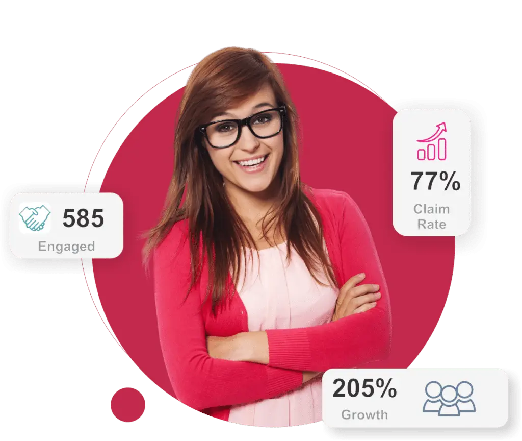 Happy Incentives Manager with floating stats around her smiling, knowing that Designing Memorable Gift Deliveries increases the perceived value of your incentive as well as your brand.