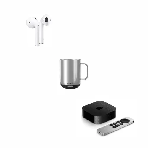 A group of merchandise items on a white background including iPods an Ember mug and an Apple TV