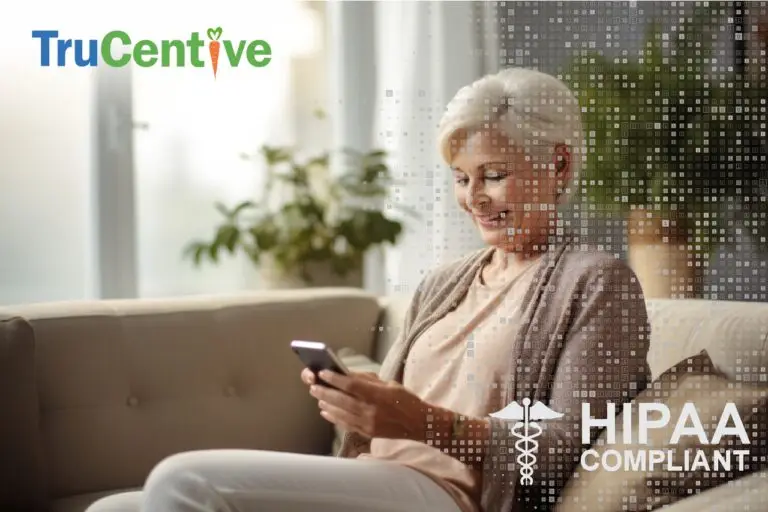 Research subject viewing phone while choosing her compensation option from a variety of gift card and payment options delivered via the TruCentive De-identification process.