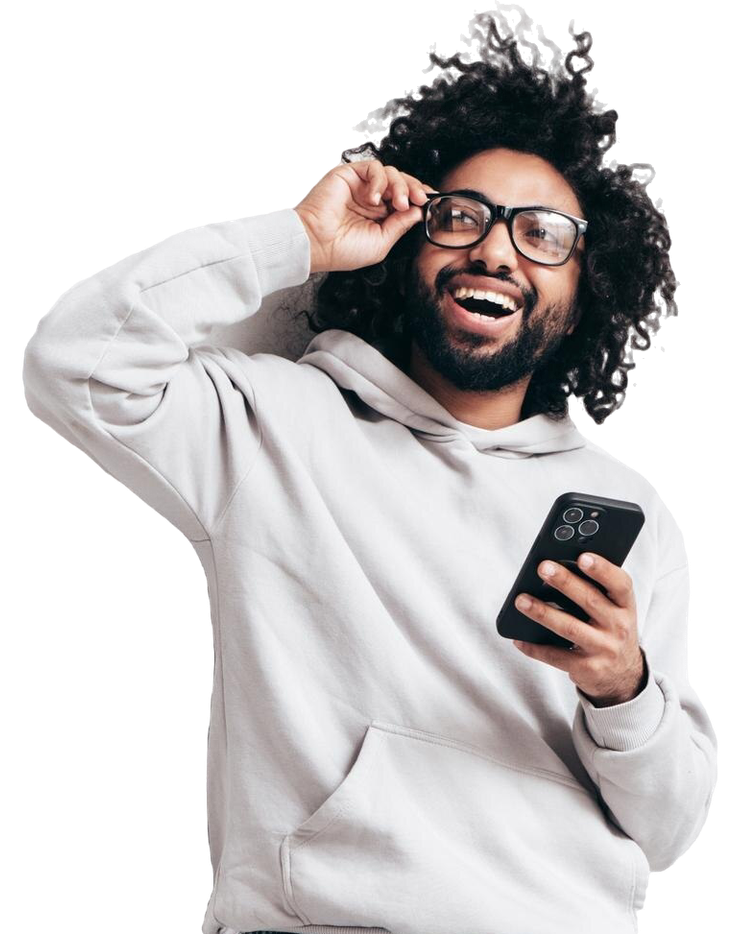 Hansom Hipster holding his phone in celebration of receiving a gift via TruCentive.