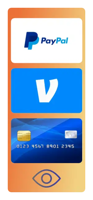 Three Payment options stacked including PayPal, Venmo and deposit to debit card