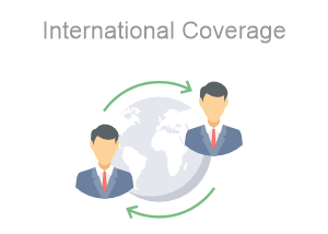 A globe with arrows circling it with individuals showing international coverage