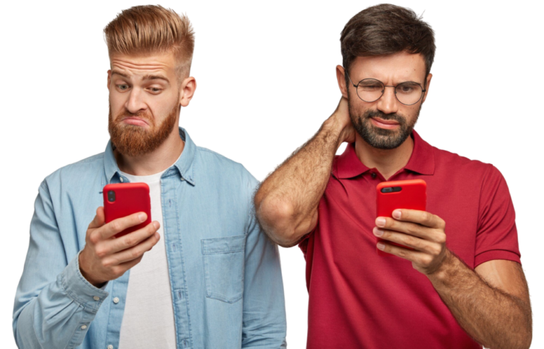 Two unhappy employees looking at their phones. Neither is happy with their latest company incentive.