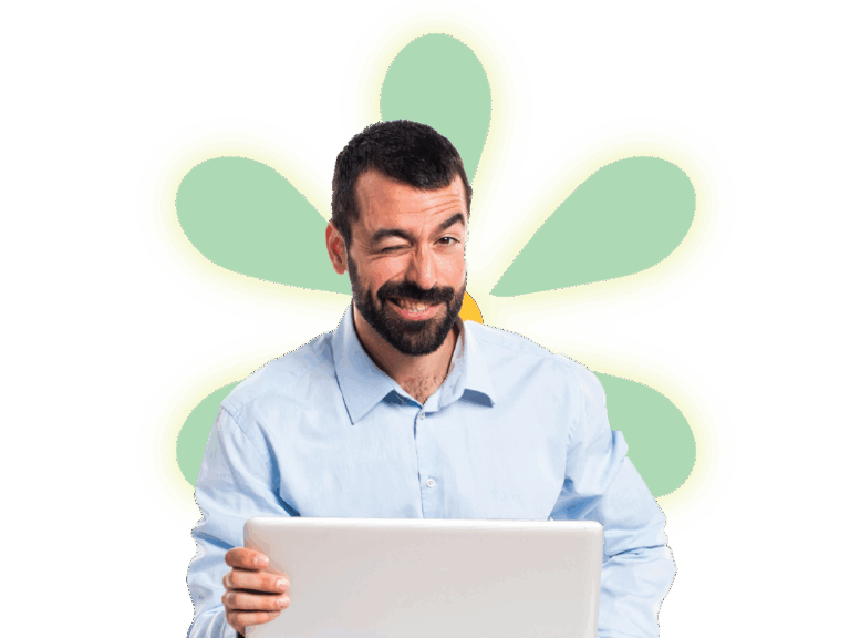 happy employee with laptop workplace engagement
