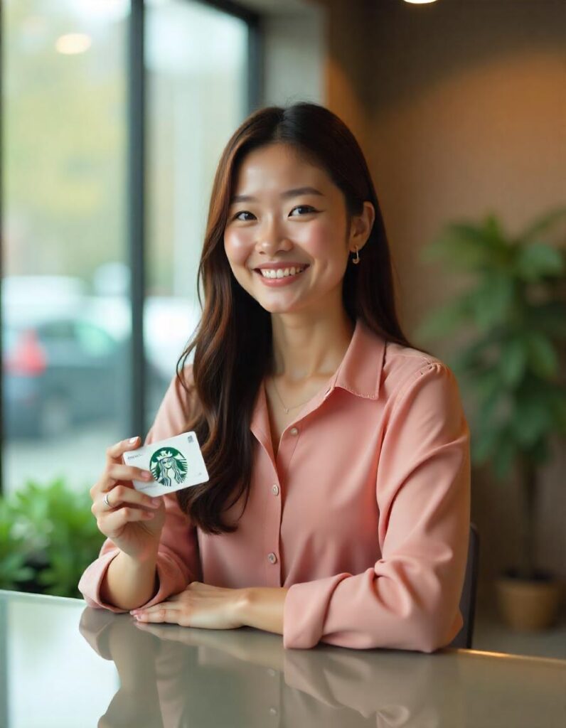 Receptionist with Starbucks Card Smiling