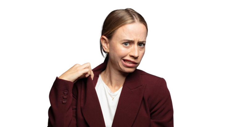 woman looking stressed pulling at collar