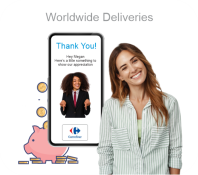 Woman next to a phone screen shot showing incentive delivery