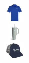 A selection of swag items including hats tumblers and drink cups